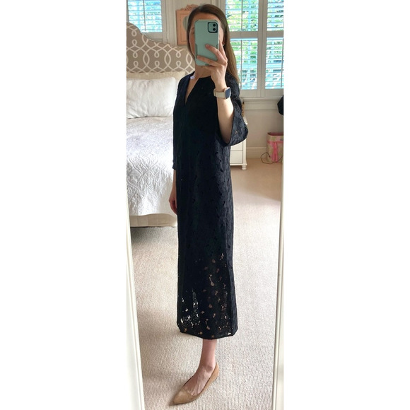 Tuckernuck Black V-Neck Floral Lace Eyelet Jamie Midi Caftan Shift Dress X-Small - Picture 9 of 14